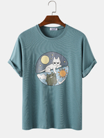 100% coton hommes drôle de bande dessinée chat impression col rond manches courtes T-shirts occasionnels
