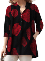 100% coton Plus Blouse fine à col en V à fleurs et poignets décontractés pour femme