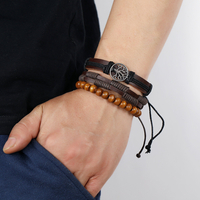 3 Pcs Homme Vintage Cuir de Vachette Alliage Arbre de Vie Pendentif Tressé Bracelet Ensemble