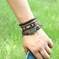 3 pièces hommes Vintage décontracté en cuir véritable corde de chanvre tressé perles de bois bracelets de perles