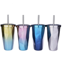 473L tasses en acier inoxydable gradient de couleur diamant double paroi bouteilles deau de voyage avec de la paill