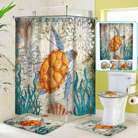 4pcs tortue de mer impression salle de bain rideau de douche tapis de couverture de toilette tapis antidérapant ensemble