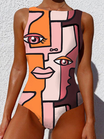 Abstrait Figure Print Open Back sans manches One Piece Beach Maillots de bain pour femmes