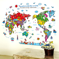 Animaux de bande dessinée carte du monde Stickers muraux pour les décorations de chambre denfants Safari Mural Art