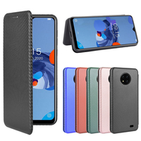 Bakeey pour Oukitel C19 étui en Fiber de carbone motif à rabat avec fente pour carte support en cuir PU antichoc étui de