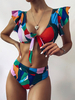 Bikini de plage taille haute à volants à imprimé géométrique pour femme