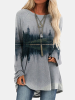 Blouse asymétrique à manches longues et col rond imprimé paysage