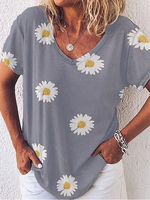 Blouse décontractée à manches courtes à col en V et imprimé marguerites pour femmes