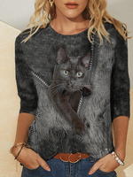 Blouses à manches longues décontractées à col rond et imprimé chat noir pour femmes