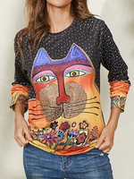 Blouses à manches raglan décontractées à col rond à imprimé tache de chat pour femmes