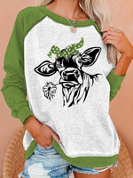 Blouses décontractées à manches raglan contrastées à col rond et imprimé animal pour femmes