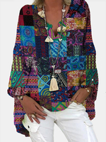 Blouses de style ethnique à col en V à imprimé tribal pour femmes