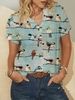 Blouses vintage à manches courtes et col à revers à imprimé oiseaux pour femmes