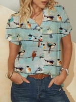 Blouses vintage à manches courtes et col à revers à imprimé oiseaux pour femmes