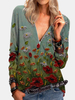 Blouses vintage à manches longues décontractées à col en V et à col en V pour femmes