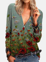 Blouses vintage à manches longues décontractées à col en V et à col en V pour femmes