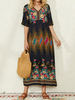 Bohème ethnique imprimé floral col en V poche demi-manches robe décontractée pour les femmes