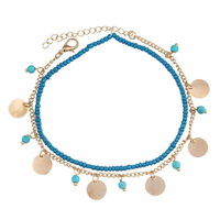 Bohème femmes Bracelet de cheville Summer Beach multicouche perles bleues pièce pendentif cheville bracelets anneau