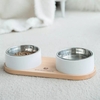 Bol en hêtre pour animaux de compagnie avec double bol en acier inoxydable 304