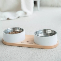 Bol en hêtre pour animaux de compagnie avec double bol en acier inoxydable 304