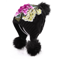Bonnet chaud en tricot de broderie ethnique grande pivoine pour femmes