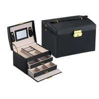 Boîte à bijoux avec poignée de tiroir miroir en cuir PU organisateur de boîtier de rangement à 3 couches
