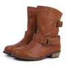 Bottes de chevalier de moto de couleur unie rétro pour femmes à bout rond mi-mollet