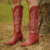 Bottes de cow-boy à fermeture à glissière à talon épais brodées à bout pointu rouge pour femmes de grande taille
