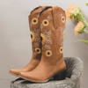 Bottes de cow-boy à talons épais brodés de tournesol rétro de grande taille pour femmes