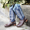 Bottes de cowboy mi-mollet brodées florales rétro de grande taille pour femmes