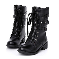Bottes De Moto Femmes Cool Goth Punk AnkleMilitary Lace-up Black