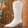 Bottes mi-mollet à talons épais et confortables en cuir à broderie florale pour femmes