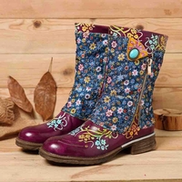 Bottes plates à couture zippées pour femmes avec motif de fleurs rétro