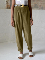 Bouton de taille haute élastique en velours côtelé Pantalon sarouel décontracté de couleur unie pour les femmes