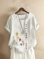 Boutons imprimés de fleurs T-shirts décontractés à manches courtes pour femmes