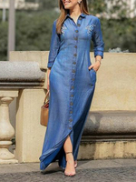 Broderie florale col à revers à manches longues bouton"idien décontracté Maxi chemise robe pour les femmes