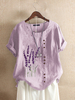 Broderie florale O-cou manches courtes bouton T-shirts vintage pour les femmes