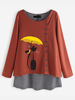 Button Cartoon Cat Stripe Plus Taille Blouse