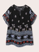 Calico Elephants Print Manches courtes Key-hole Bohemia Plus Taille Blouse