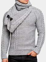 Chandails tricotés à manches longues à col rond et à col rond chaud pour hommes avec écharpe