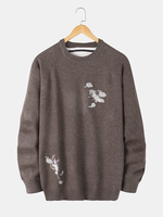 Chandails tricotés chauds à manches raglan avec broderie de grue chinoise pour hommes