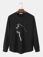 ChArmkpR Mens Cat Graphic Crew Neck Curved Hem Long Sleeve T-Shirts