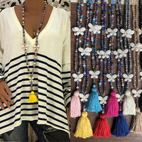 Collier pendentif papillon bohème pompon ethnique fait main perle transparente collier long