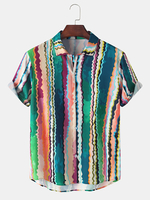 Coloful Wave Stripe Hawaii Holiday Revel Collar Mens Chemises à manches courtes