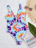 Coloré Tie Dye Bowknot Trim High Fork One Piece Maillots de bain femme plage
