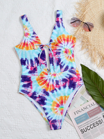 Coloré Tie Dye Bowknot Trim High Fork One Piece Maillots de bain femme plage