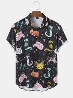 Colorful Chemise à manches courtes à revers imprimé chat dessin animé pour homme