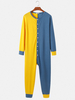 Combinaison à col rond boutonné avec patchwork de couleur contrastée pour homme Accueil Pyjama une pièce confortable