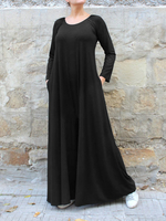 Combinaison à jambe large à manches longues et col rond de couleur unie pour femmes avec poche latérale