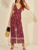 Combinaison femme à imprimé floral style ethnique sans manches col en V jambe large